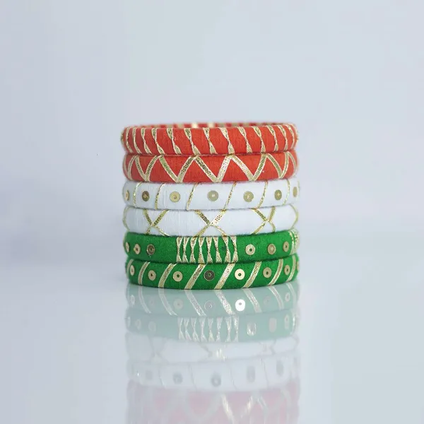 Bharat Inspired Handmade Thread Bangles - Saffron, White & Green